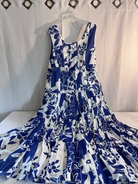 VASNA DESIRE 100% Cotton LONG Dress BLUE & WHITE Sleeveless Floral L INDIA J56
